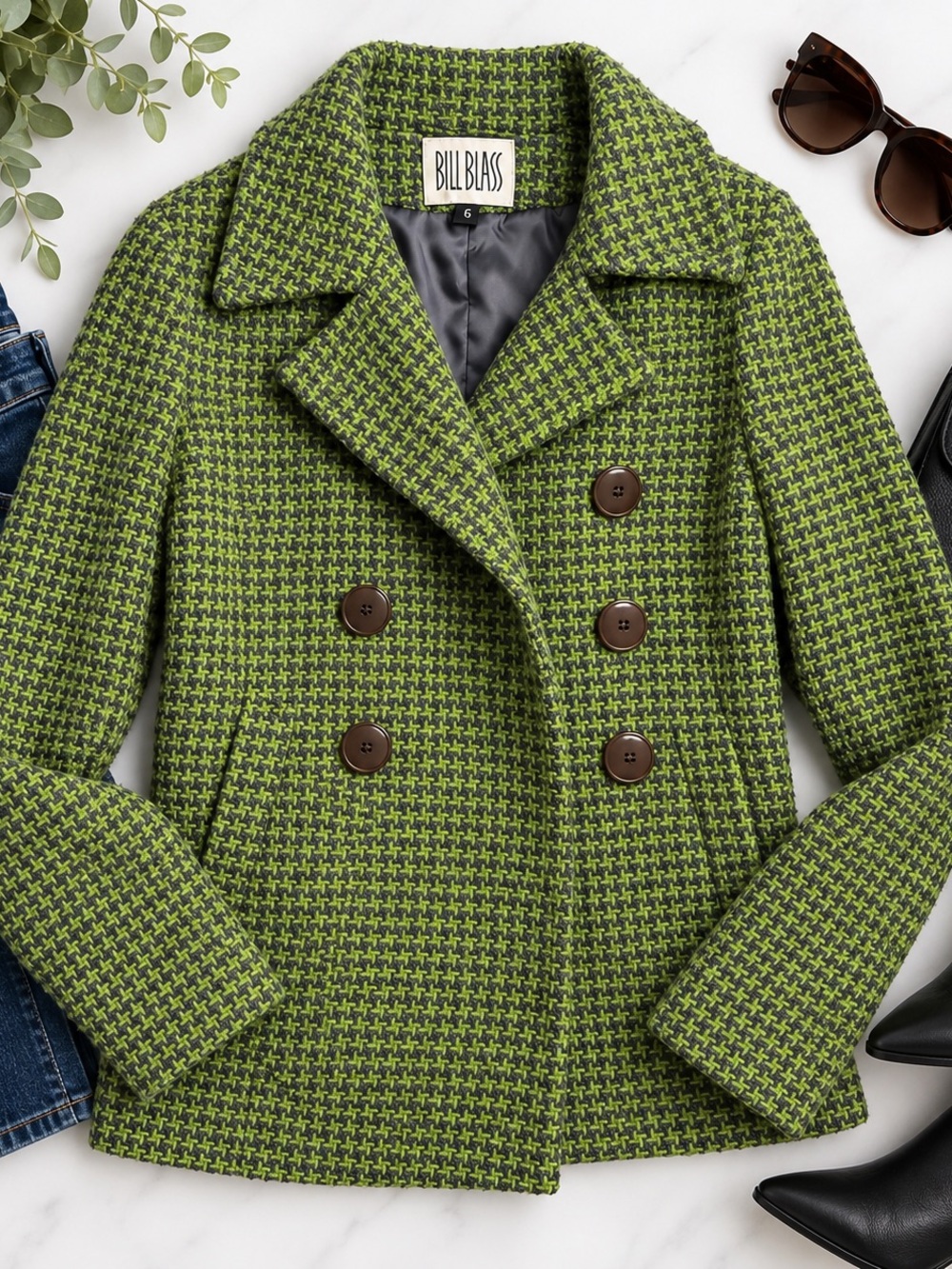 Bill Blass Green Houndstooth Wool Blend Peacoat Size 6